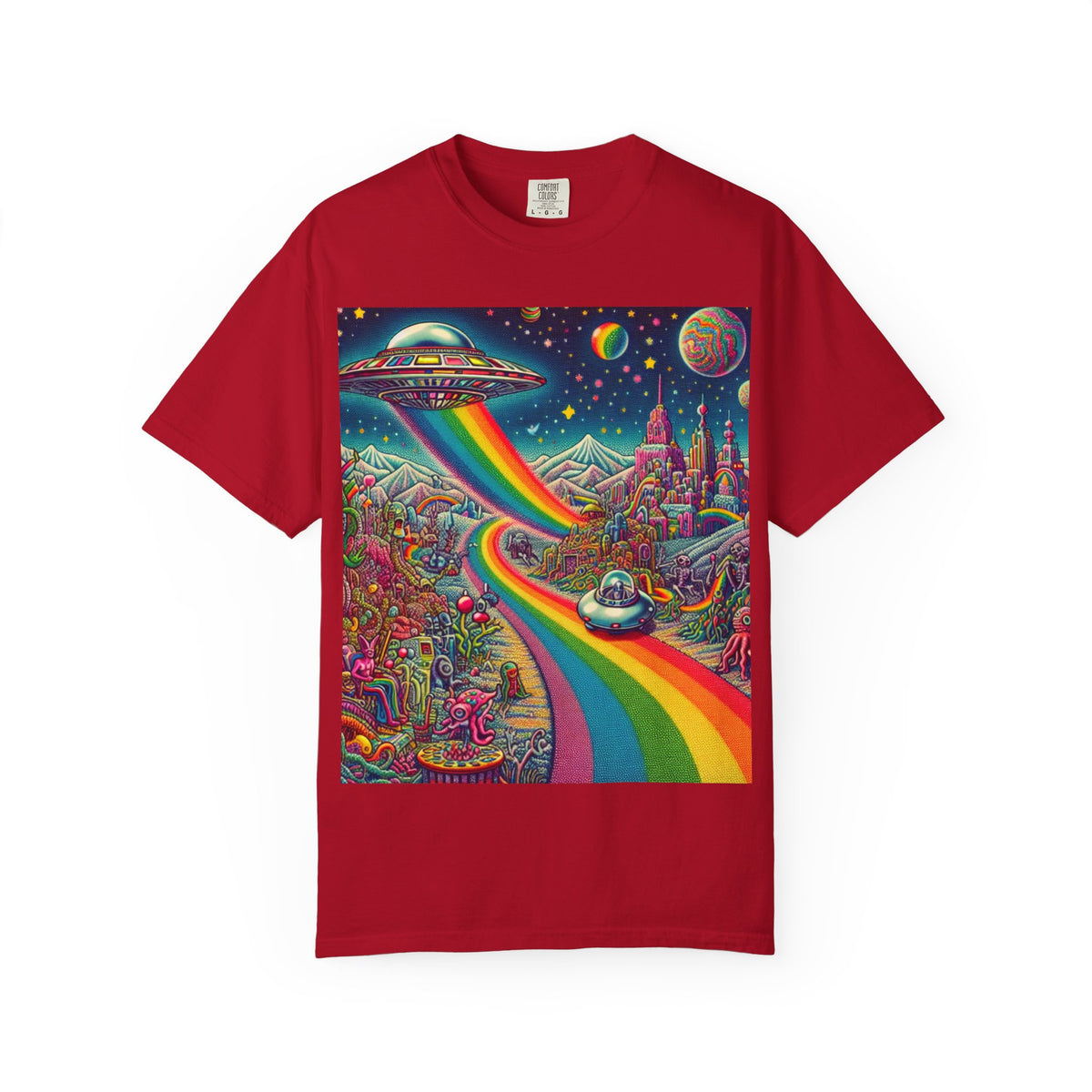 Cosmic Vibes T-Shirt - Garment-Dyed Tee with Rainbow UFO Design