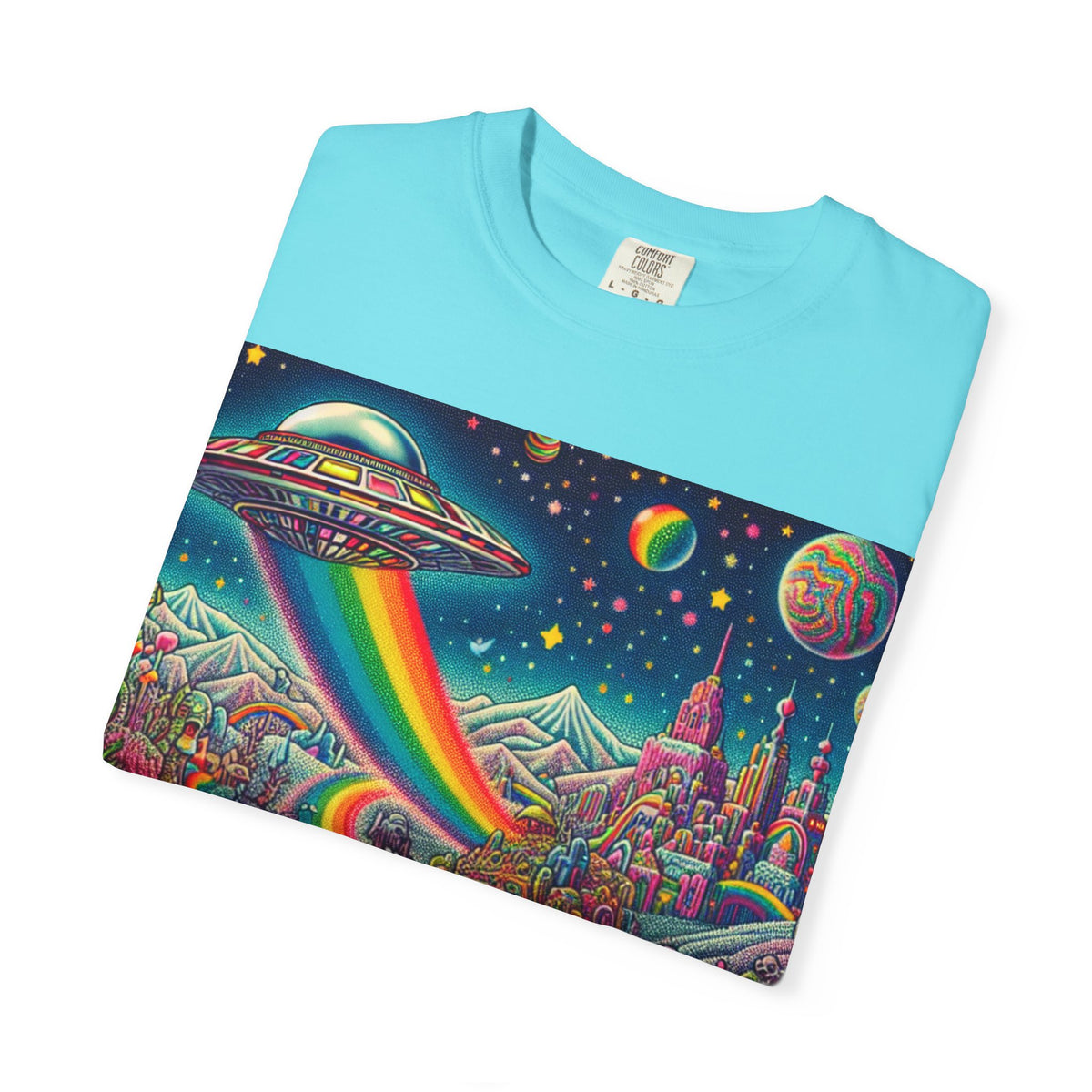 Cosmic Vibes T-Shirt - Garment-Dyed Tee with Rainbow UFO Design