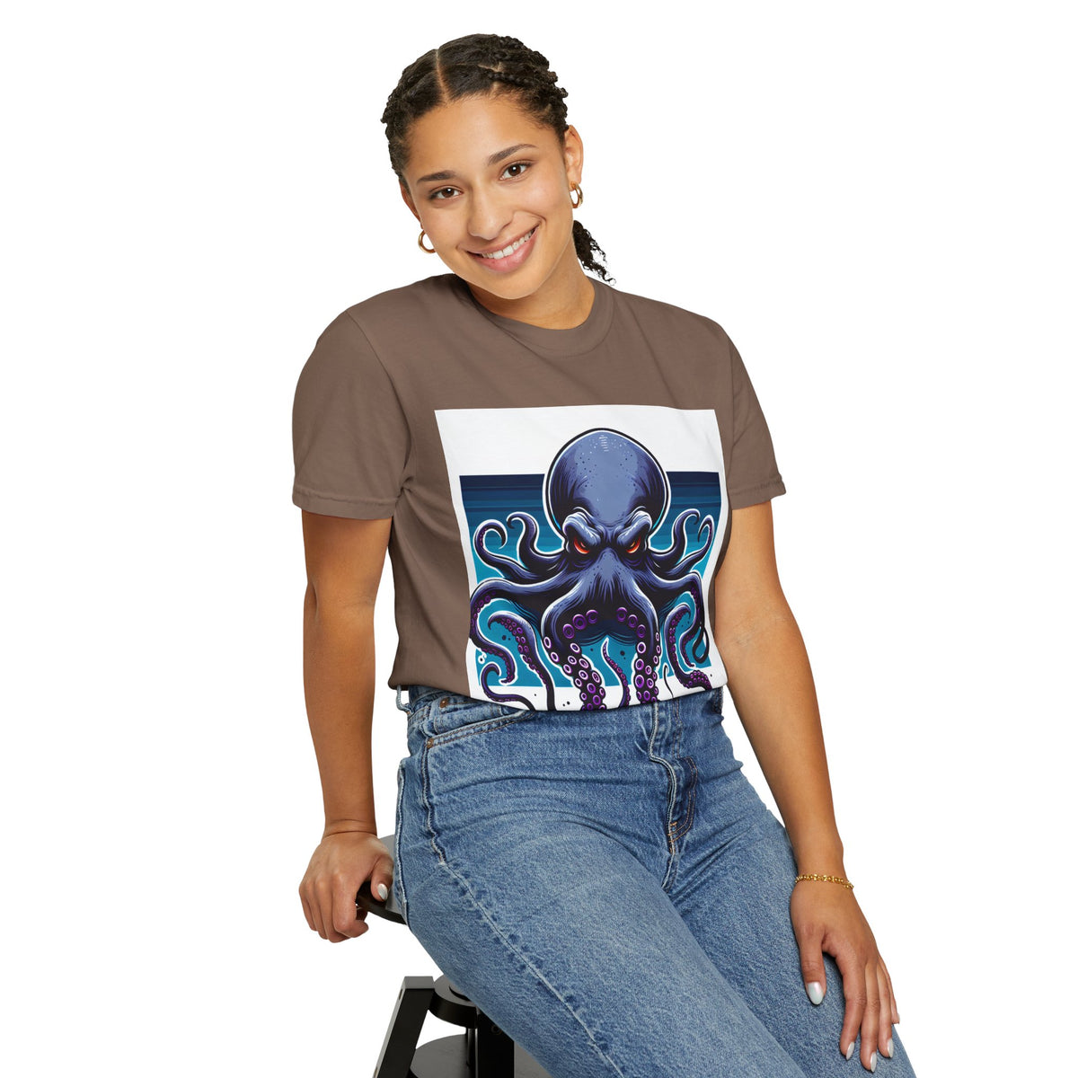 Ocean-Inspired Unisex Garment-Dyed T-Shirt with Octopus Design