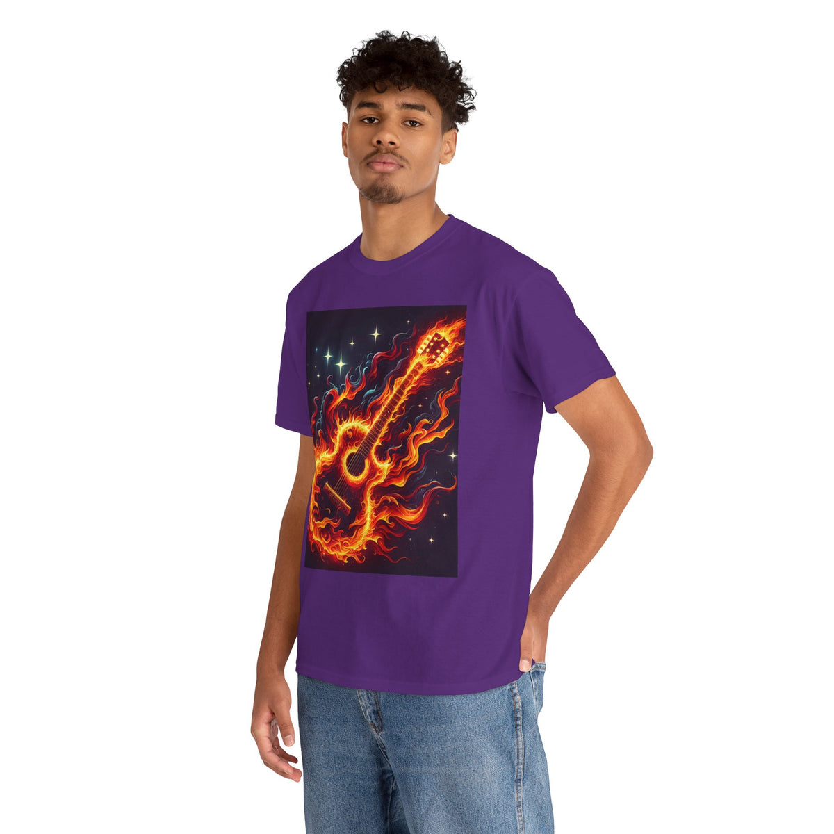 Flaming Guitar Heavy Cotton Tee – Perfect for Music Lovers