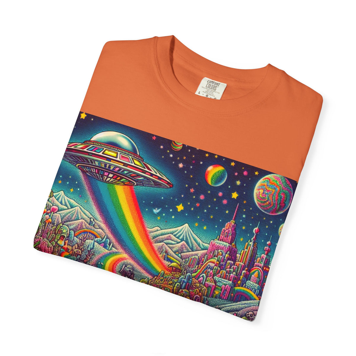 Cosmic Vibes T-Shirt - Garment-Dyed Tee with Rainbow UFO Design