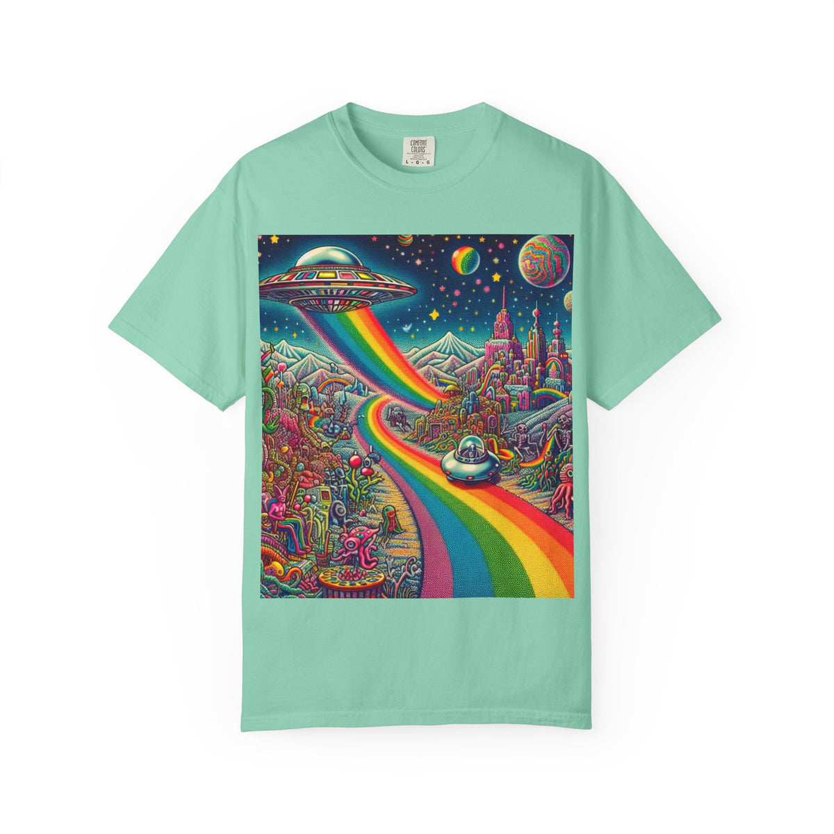 Cosmic Vibes T-Shirt - Garment-Dyed Tee with Rainbow UFO Design