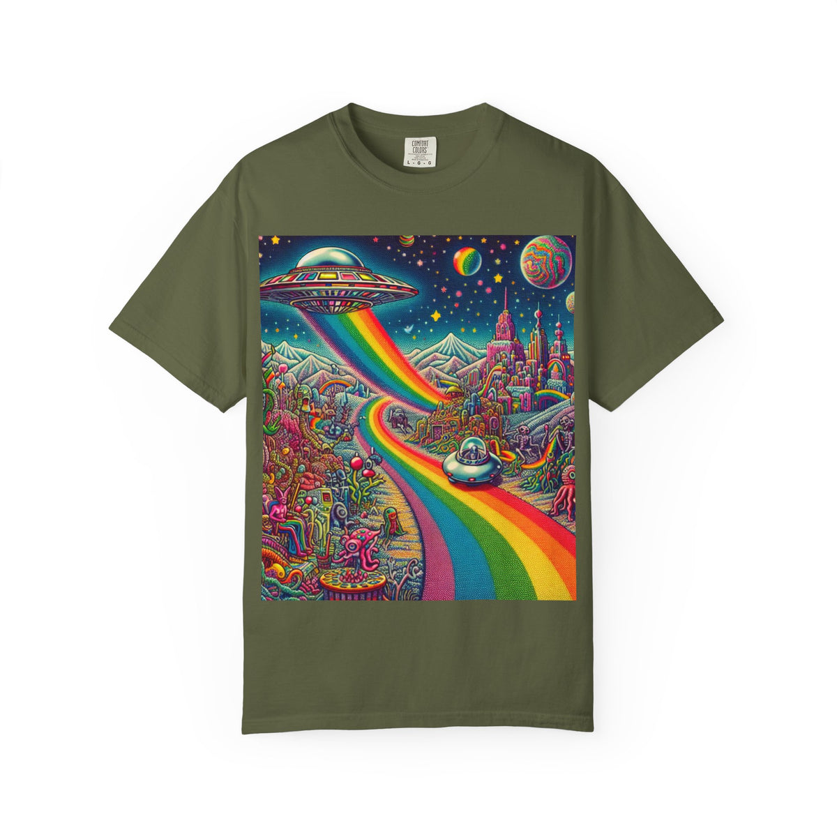 Cosmic Vibes T-Shirt - Garment-Dyed Tee with Rainbow UFO Design