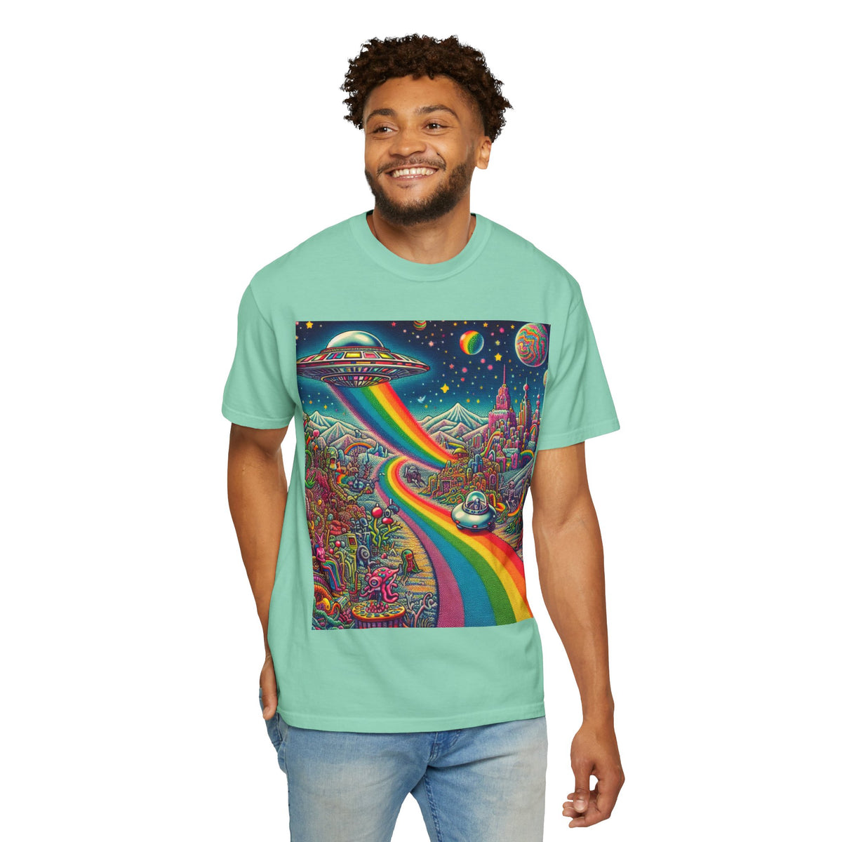 Cosmic Vibes T-Shirt - Garment-Dyed Tee with Rainbow UFO Design