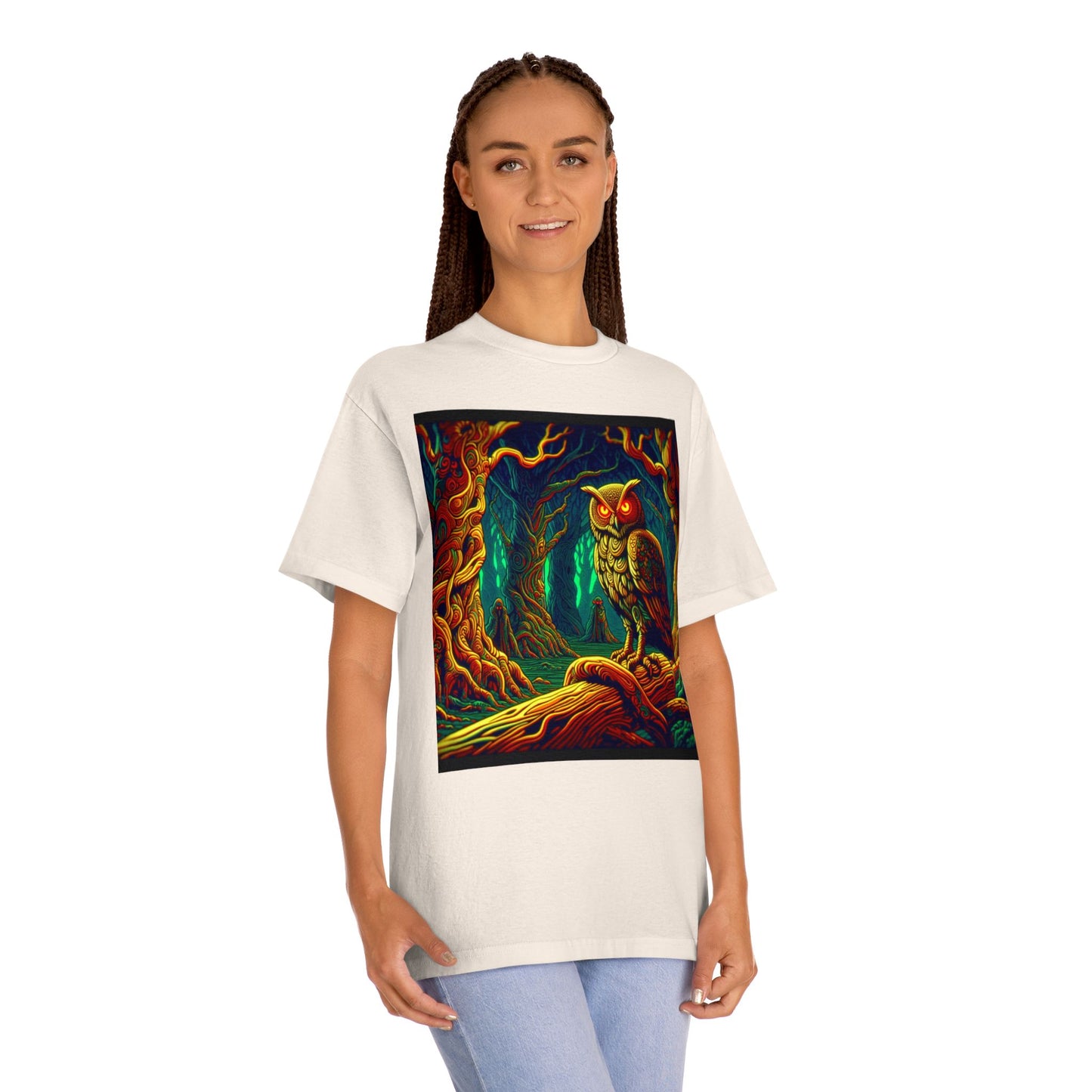 Vibrant Owl Unisex Tee - Artful Forest Design, Nature Lover Gift, Graphic Tee for Events, Eco-Friendly Fashion, Unique Art Apparel