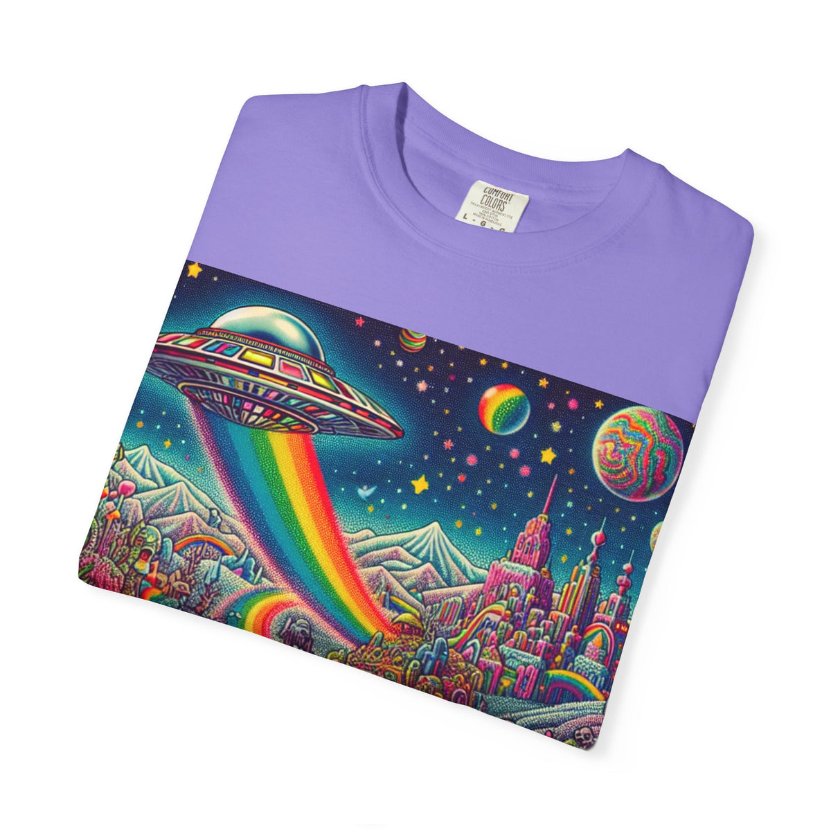 Cosmic Vibes T-Shirt - Garment-Dyed Tee with Rainbow UFO Design