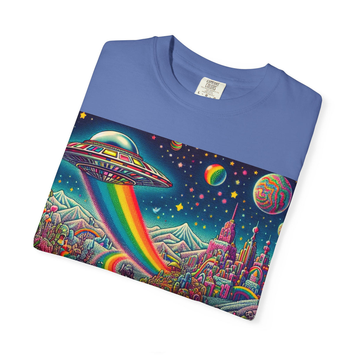 Cosmic Vibes T-Shirt - Garment-Dyed Tee with Rainbow UFO Design