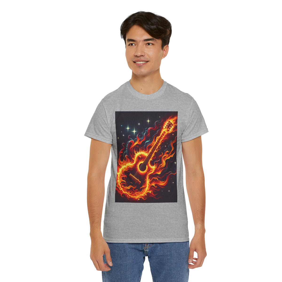 Flaming Guitar Heavy Cotton Tee – Perfect for Music Lovers