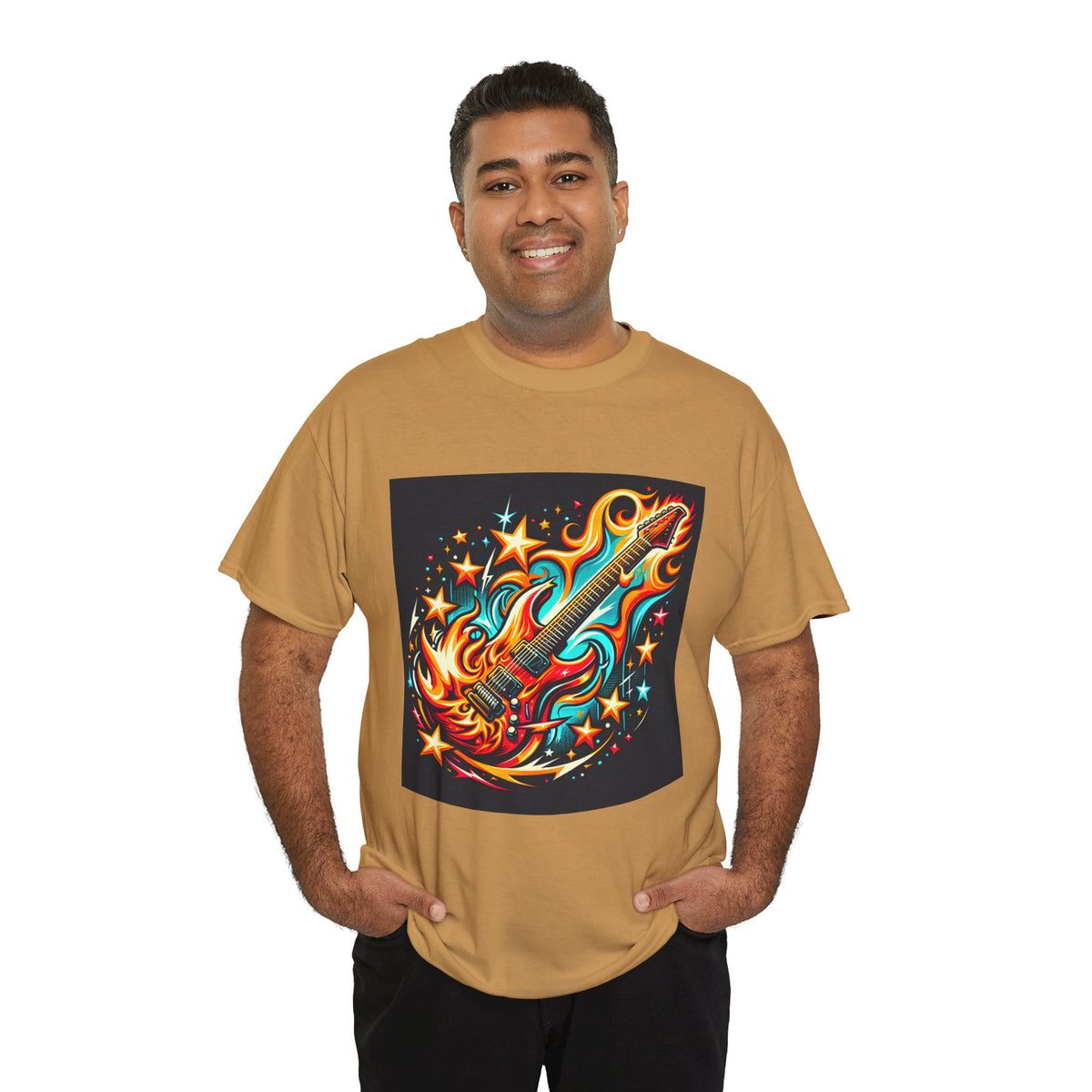 Flame Guitar Unisex Heavy Cotton Tee - Retro Rock Vibe Shirt