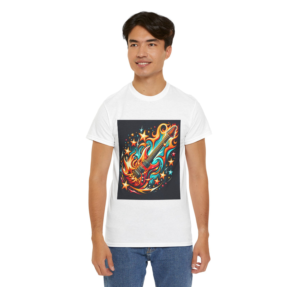 Flame Guitar Unisex Heavy Cotton Tee - Retro Rock Vibe Shirt