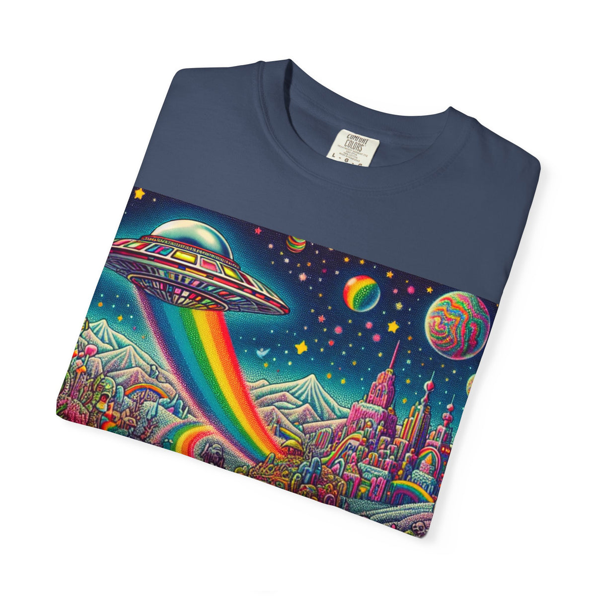 Cosmic Vibes T-Shirt - Garment-Dyed Tee with Rainbow UFO Design