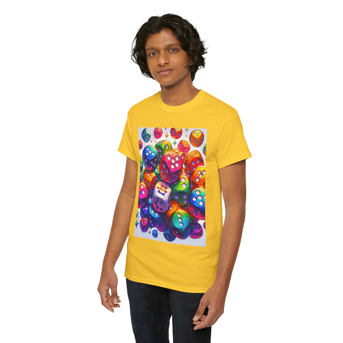 Colorful Dice Heavy Cotton Tee - Fun Gaming Tee for Casual Wear