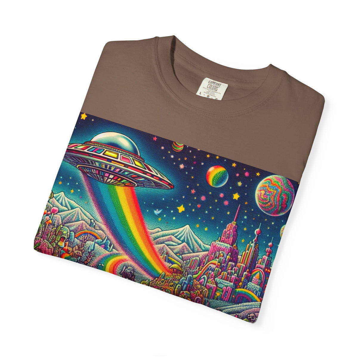 Cosmic Vibes T-Shirt - Garment-Dyed Tee with Rainbow UFO Design