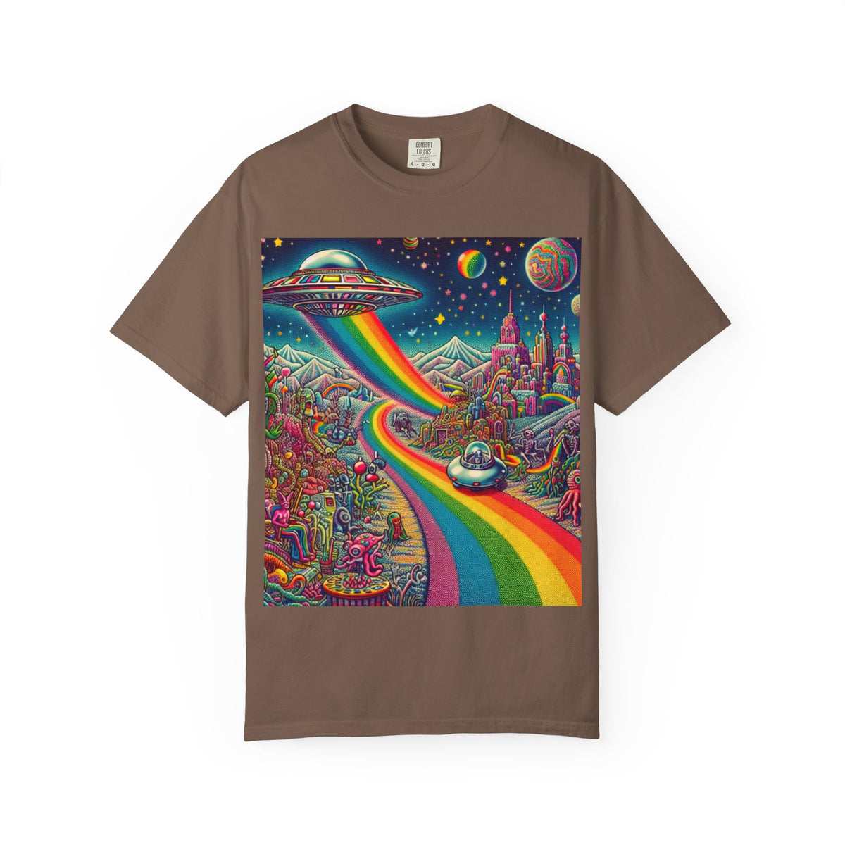 Cosmic Vibes T-Shirt - Garment-Dyed Tee with Rainbow UFO Design