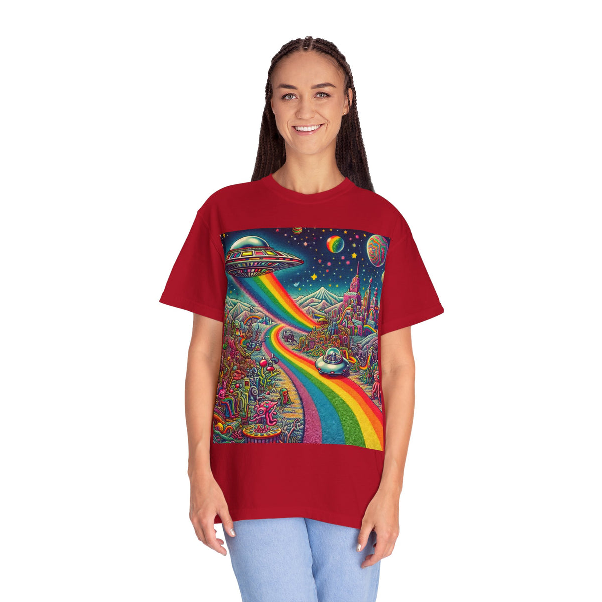 Cosmic Vibes T-Shirt - Garment-Dyed Tee with Rainbow UFO Design