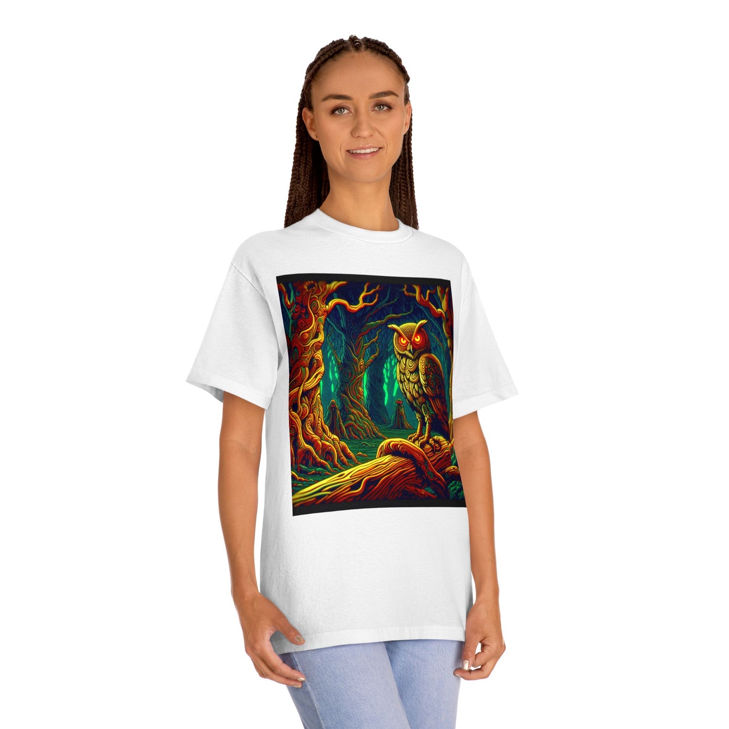Vibrant Owl Unisex Tee - Artful Forest Design, Nature Lover Gift, Graphic Tee for Events, Eco-Friendly Fashion, Unique Art Apparel
