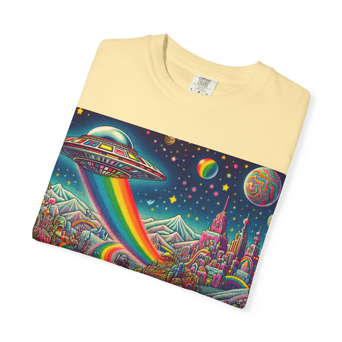 Cosmic Vibes T-Shirt - Garment-Dyed Tee with Rainbow UFO Design