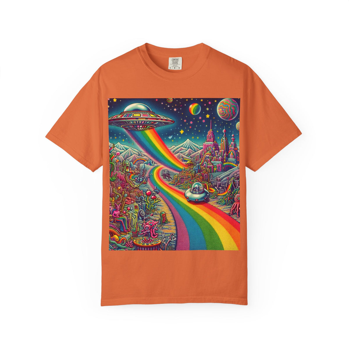 Cosmic Vibes T-Shirt - Garment-Dyed Tee with Rainbow UFO Design