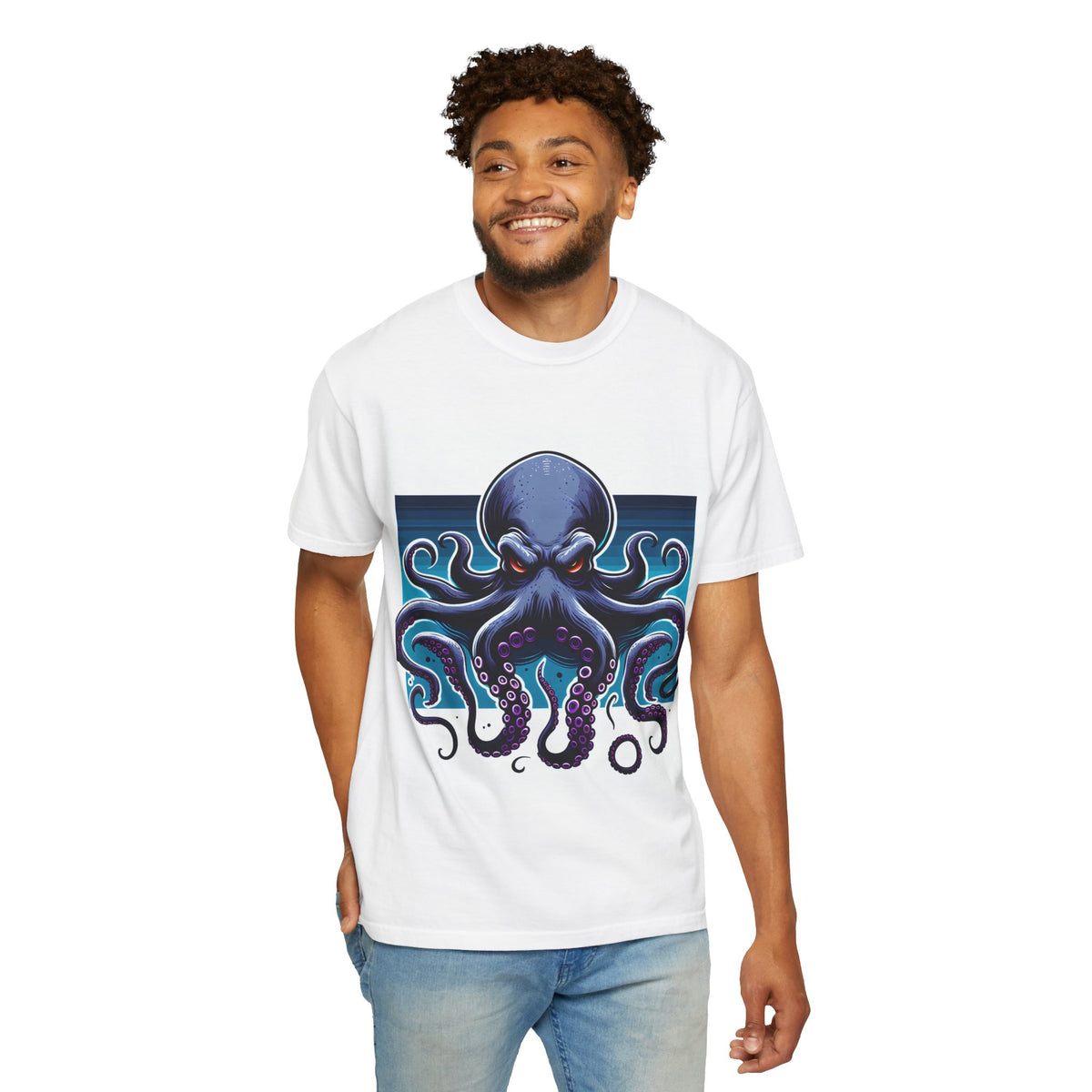 Ocean-Inspired Unisex Garment-Dyed T-Shirt with Octopus Design