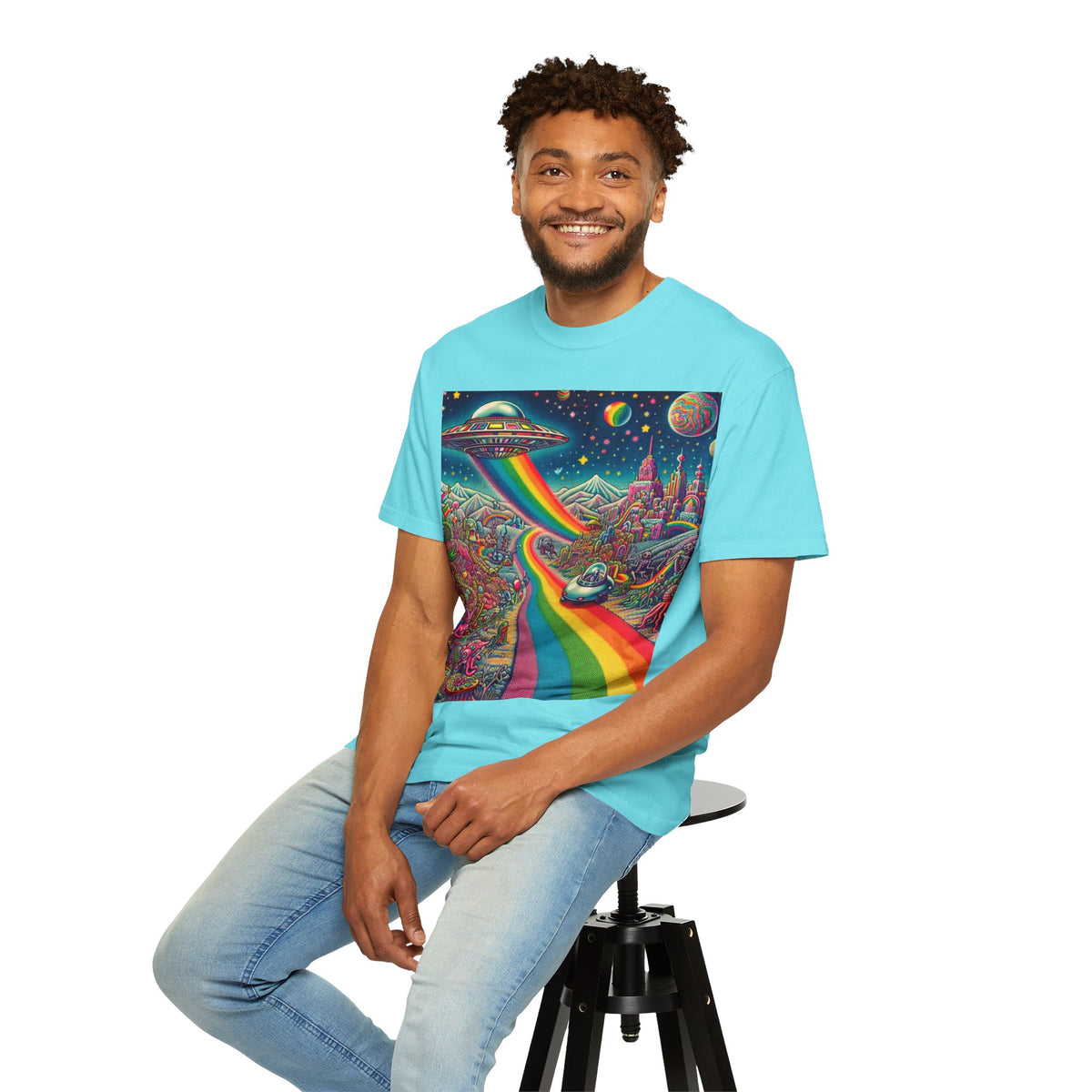 Cosmic Vibes T-Shirt - Garment-Dyed Tee with Rainbow UFO Design