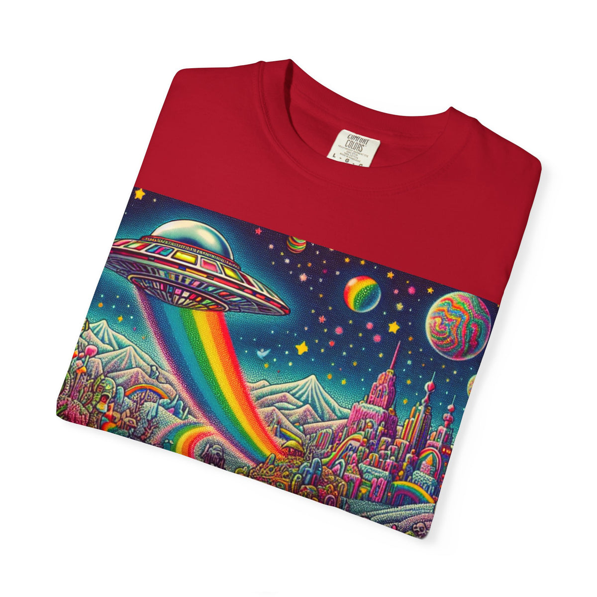 Cosmic Vibes T-Shirt - Garment-Dyed Tee with Rainbow UFO Design