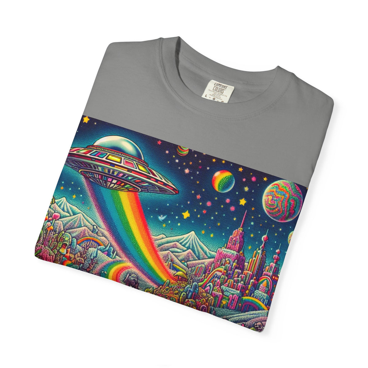 Cosmic Vibes T-Shirt - Garment-Dyed Tee with Rainbow UFO Design