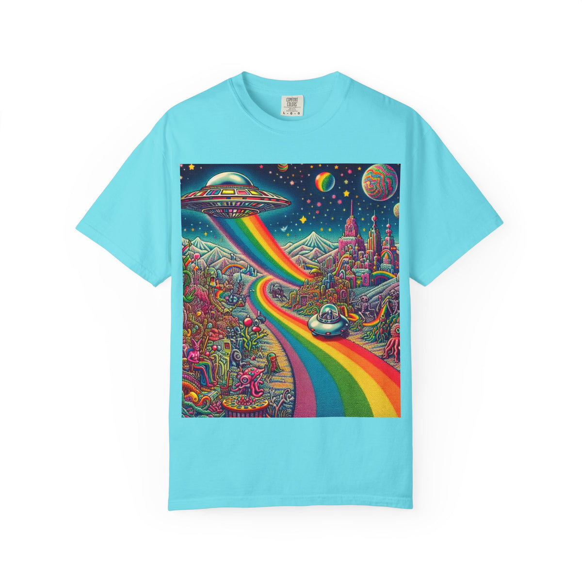 Cosmic Vibes T-Shirt - Garment-Dyed Tee with Rainbow UFO Design
