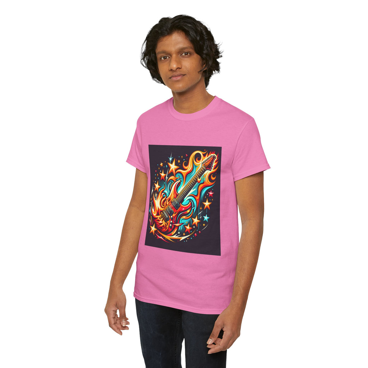 Flame Guitar Unisex Heavy Cotton Tee - Retro Rock Vibe Shirt