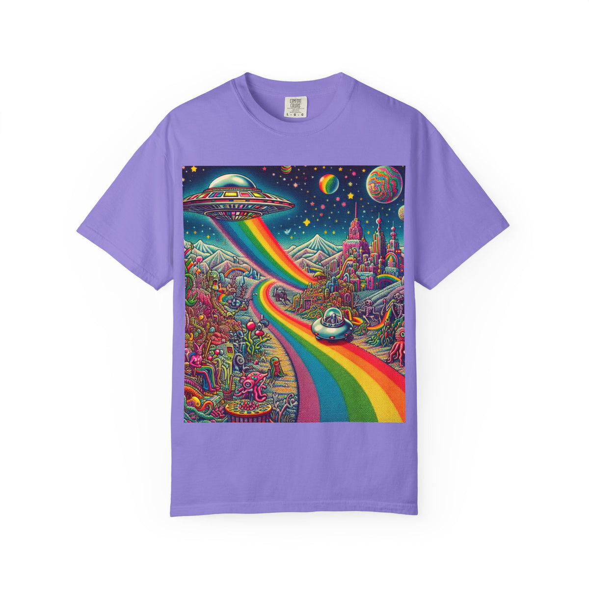 Cosmic Vibes T-Shirt - Garment-Dyed Tee with Rainbow UFO Design