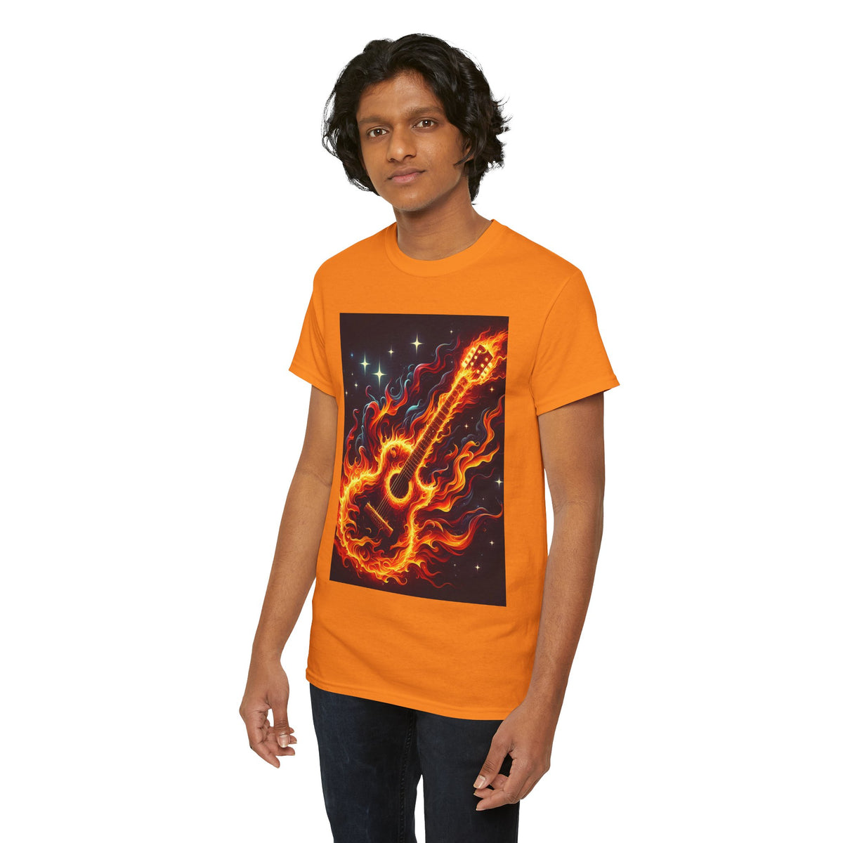 Flaming Guitar Heavy Cotton Tee – Perfect for Music Lovers