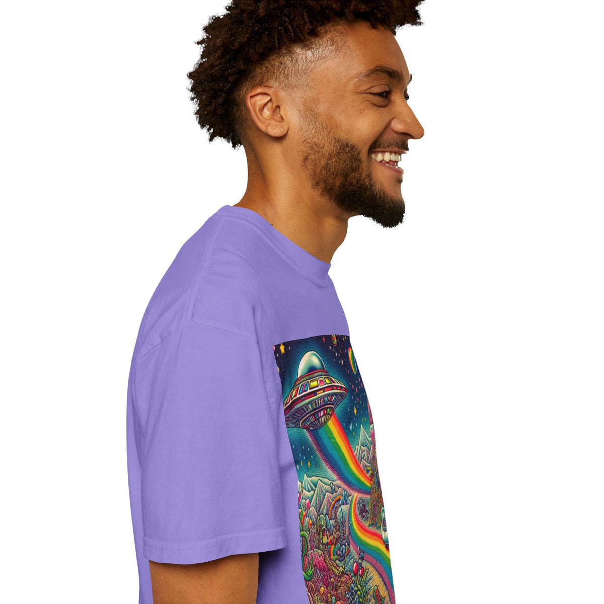 Cosmic Vibes T-Shirt - Garment-Dyed Tee with Rainbow UFO Design