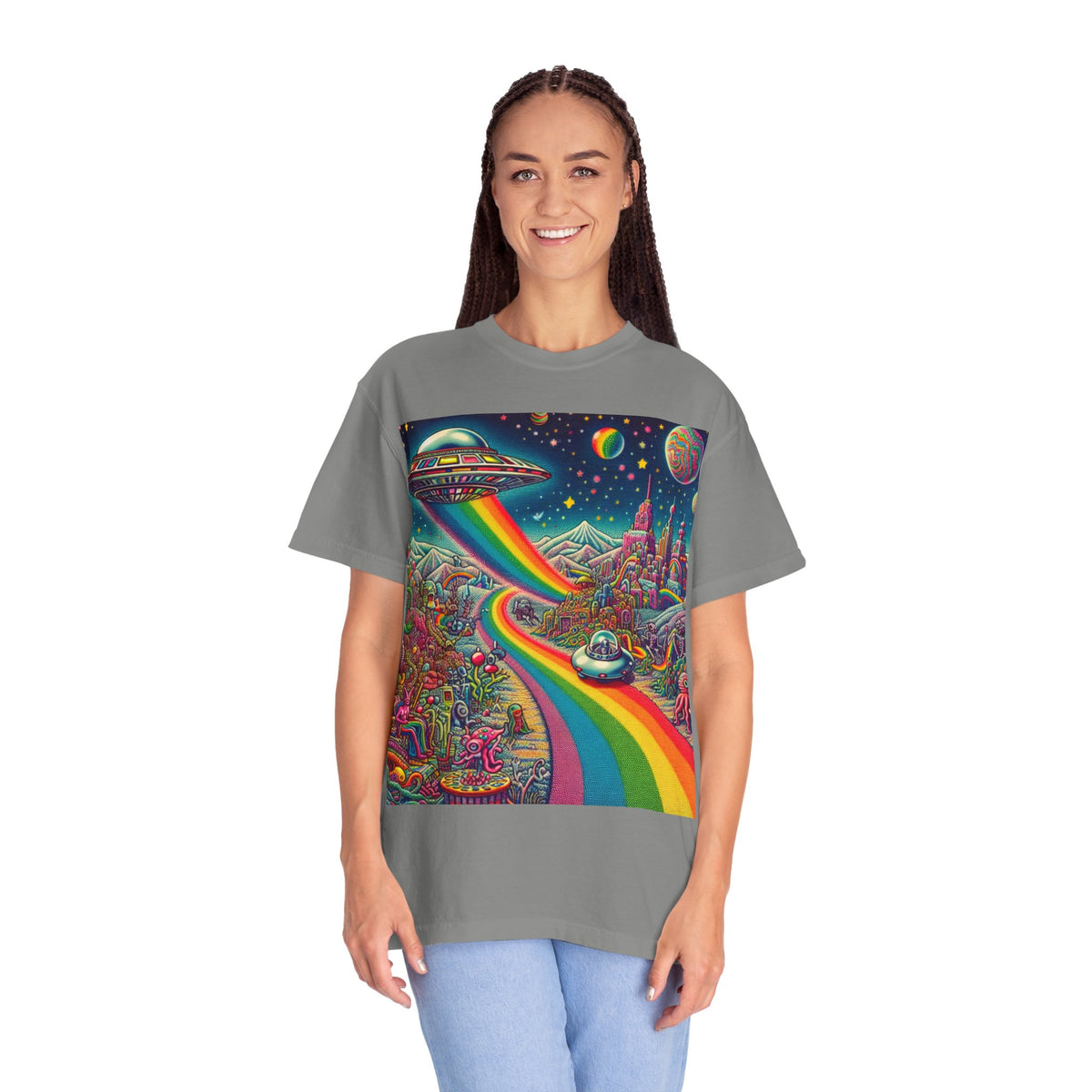 Cosmic Vibes T-Shirt - Garment-Dyed Tee with Rainbow UFO Design