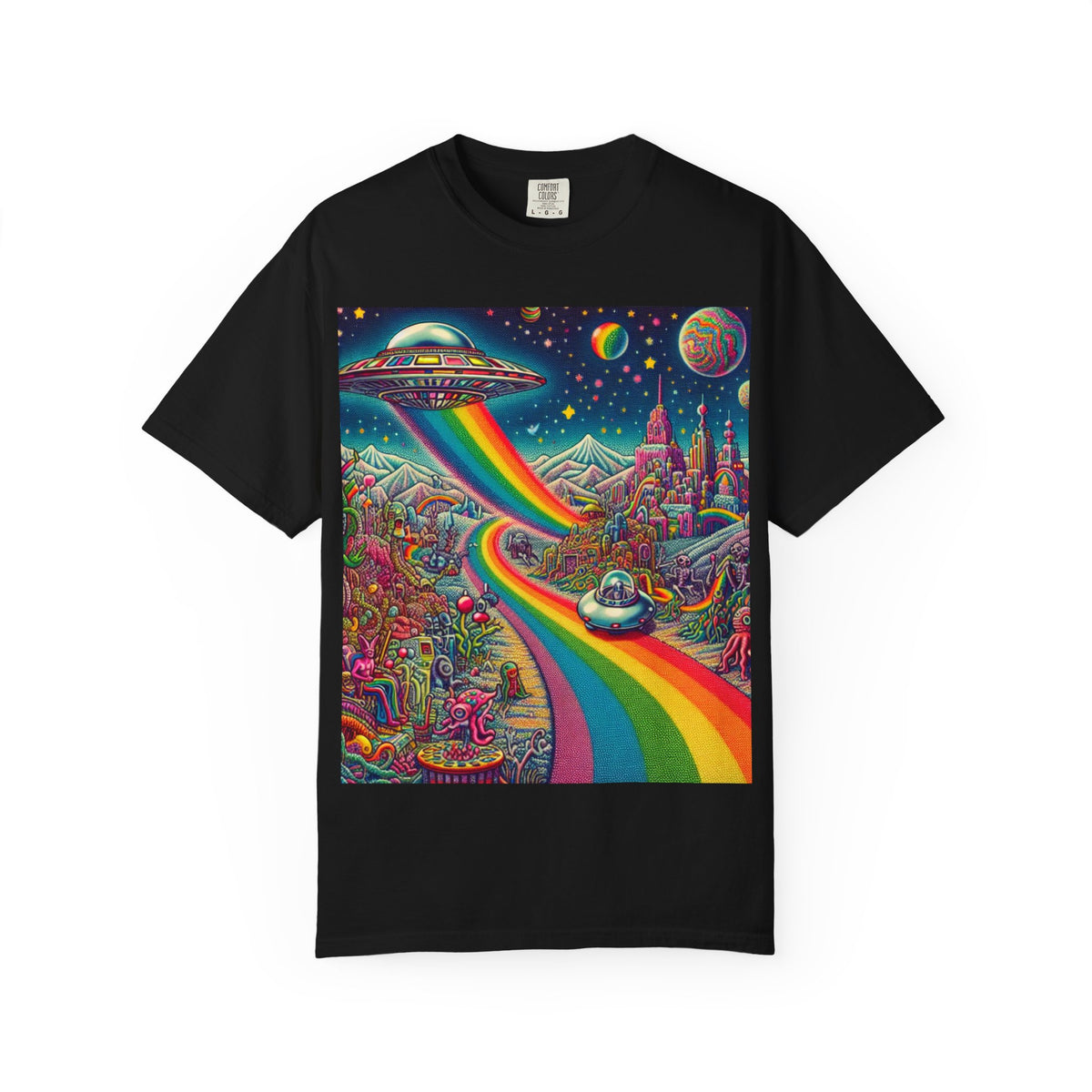 Cosmic Vibes T-Shirt - Garment-Dyed Tee with Rainbow UFO Design