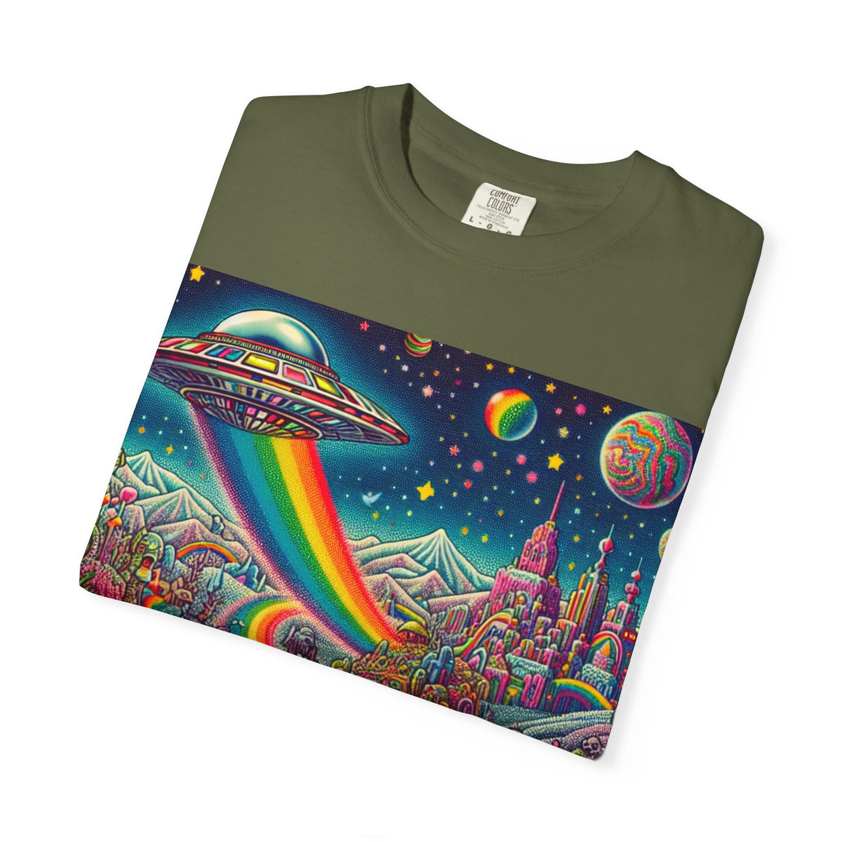 Cosmic Vibes T-Shirt - Garment-Dyed Tee with Rainbow UFO Design