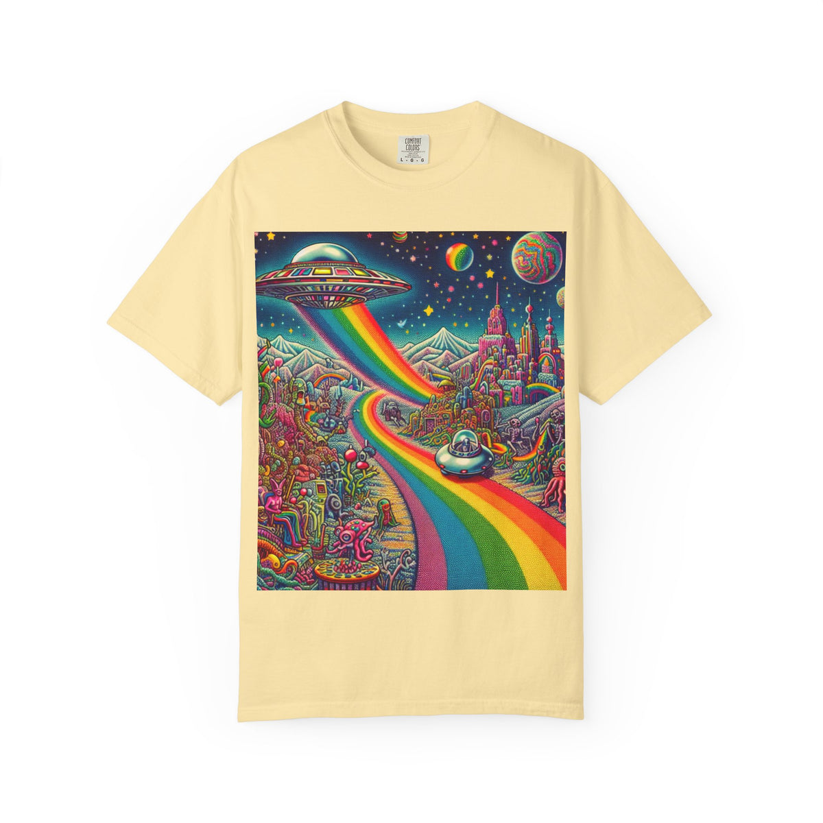 Cosmic Vibes T-Shirt - Garment-Dyed Tee with Rainbow UFO Design