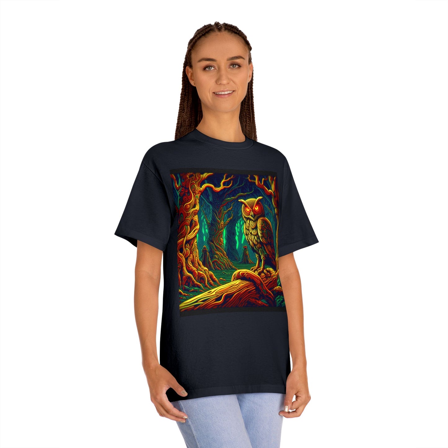 Vibrant Owl Unisex Tee - Artful Forest Design, Nature Lover Gift, Graphic Tee for Events, Eco-Friendly Fashion, Unique Art Apparel