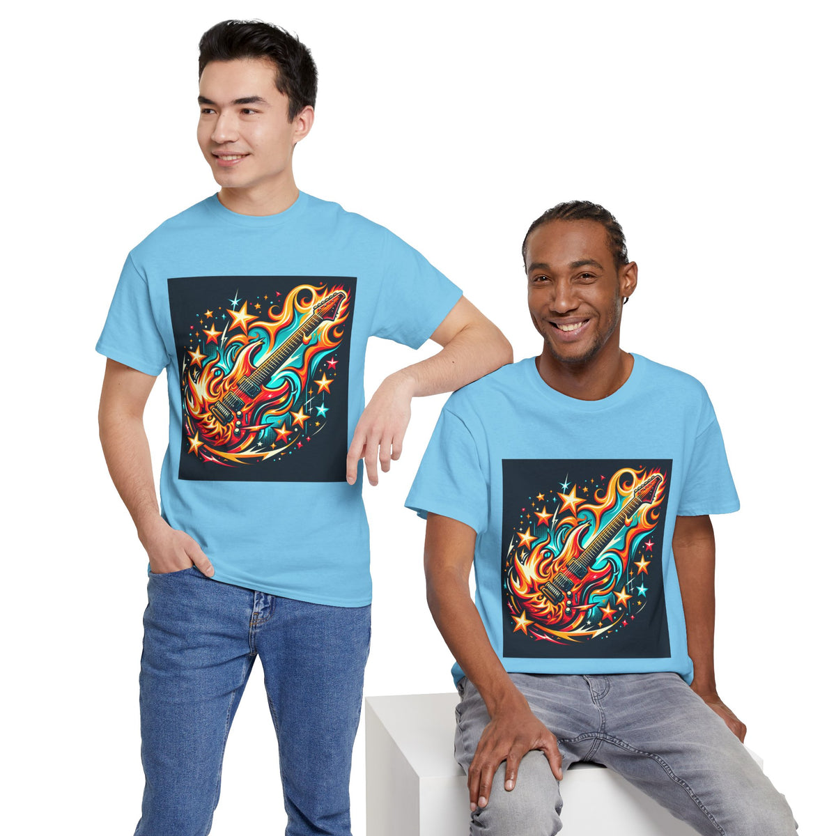 Flame Guitar Unisex Heavy Cotton Tee - Retro Rock Vibe Shirt