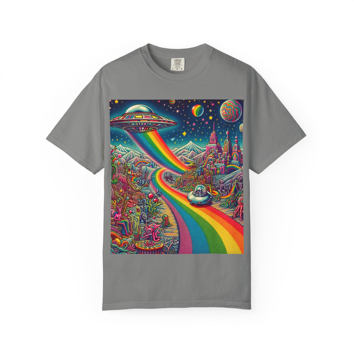 Cosmic Vibes T-Shirt - Garment-Dyed Tee with Rainbow UFO Design