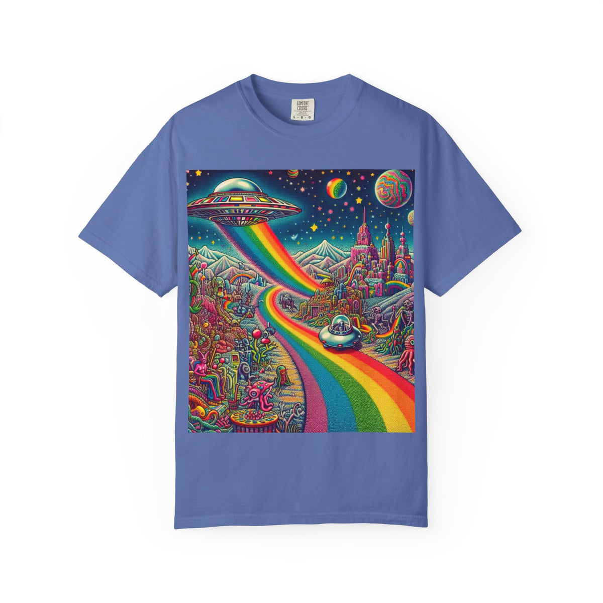 Cosmic Vibes T-Shirt - Garment-Dyed Tee with Rainbow UFO Design