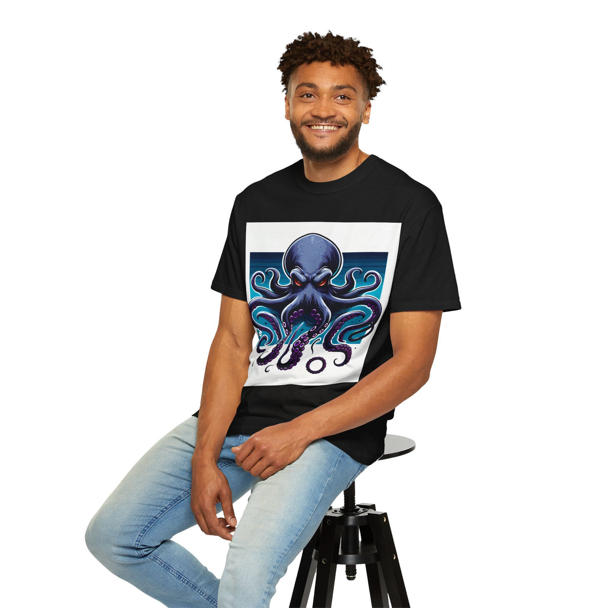 Ocean-Inspired Unisex Garment-Dyed T-Shirt with Octopus Design