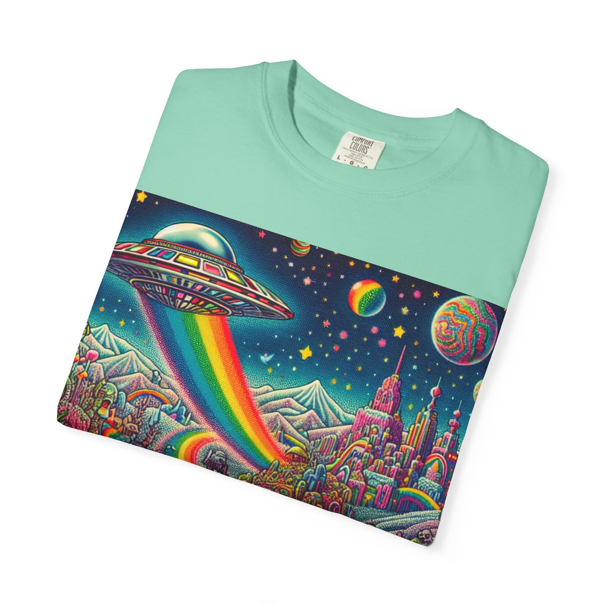 Cosmic Vibes T-Shirt - Garment-Dyed Tee with Rainbow UFO Design