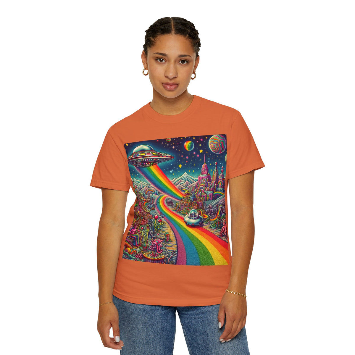 Cosmic Vibes T-Shirt - Garment-Dyed Tee with Rainbow UFO Design