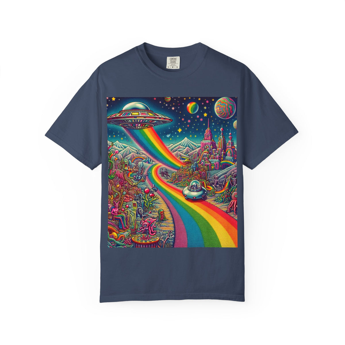 Cosmic Vibes T-Shirt - Garment-Dyed Tee with Rainbow UFO Design