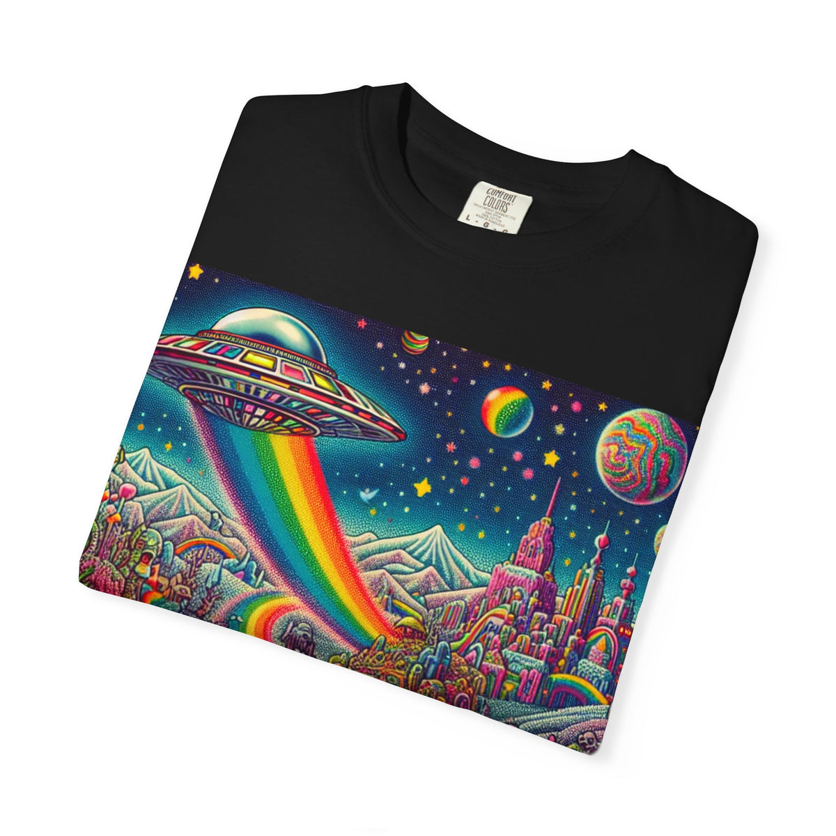 Cosmic Vibes T-Shirt - Garment-Dyed Tee with Rainbow UFO Design